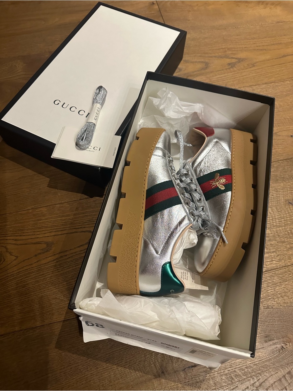Gucci Silver Leather Platform Sneakers with Red and Green Heel Tabs